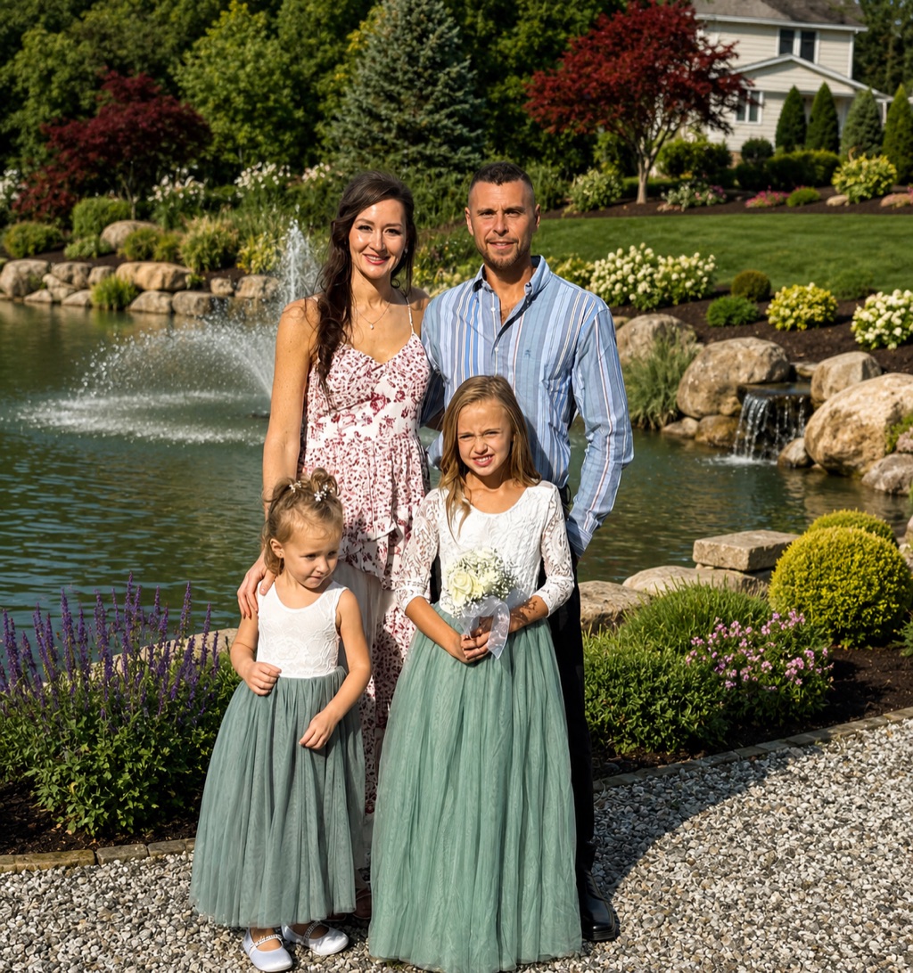 Stonework's Landscaping family in front of a landscaped pond and water feature